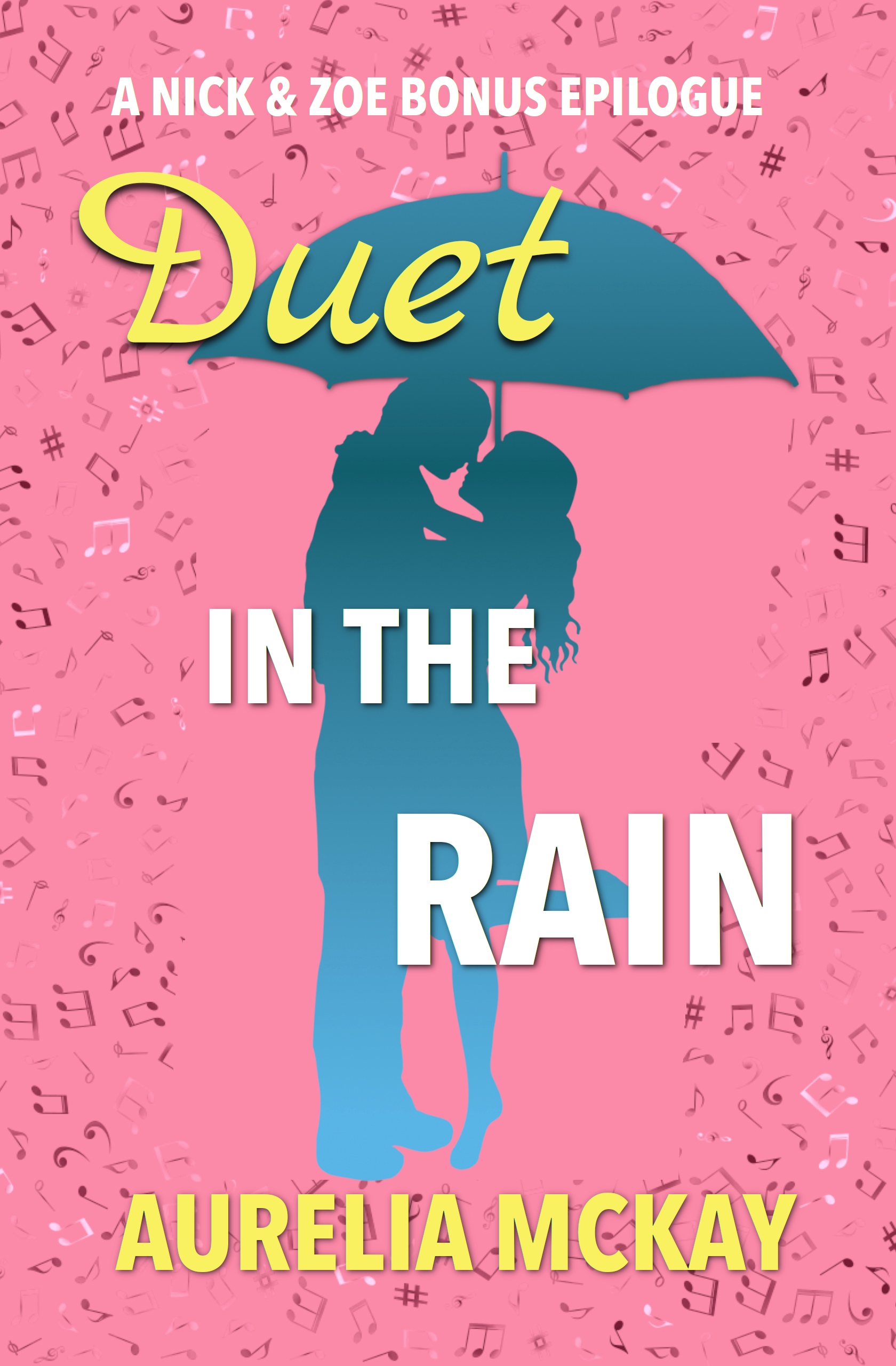 Cover of Duet in the Rain featuring a couple under an umbrella and raining music notes